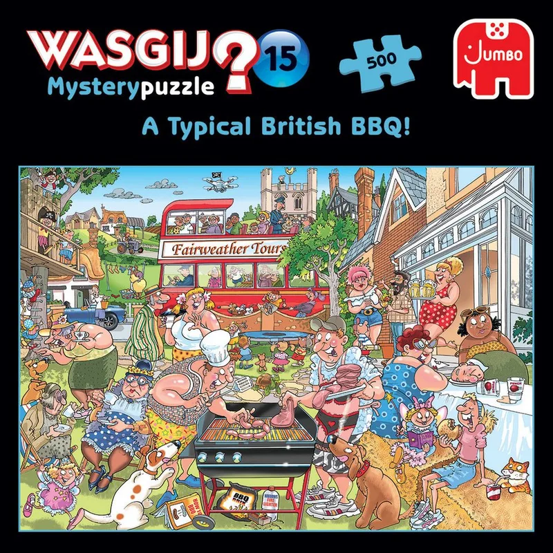 Puzzle Wasgij Mystery 15 Eine typisch Englische Grillparty! 500 Teile Puzzle, 500 Puzzleteile, Made in Europe van Jumbo, editie Meerkleurig – doos 3 van 4