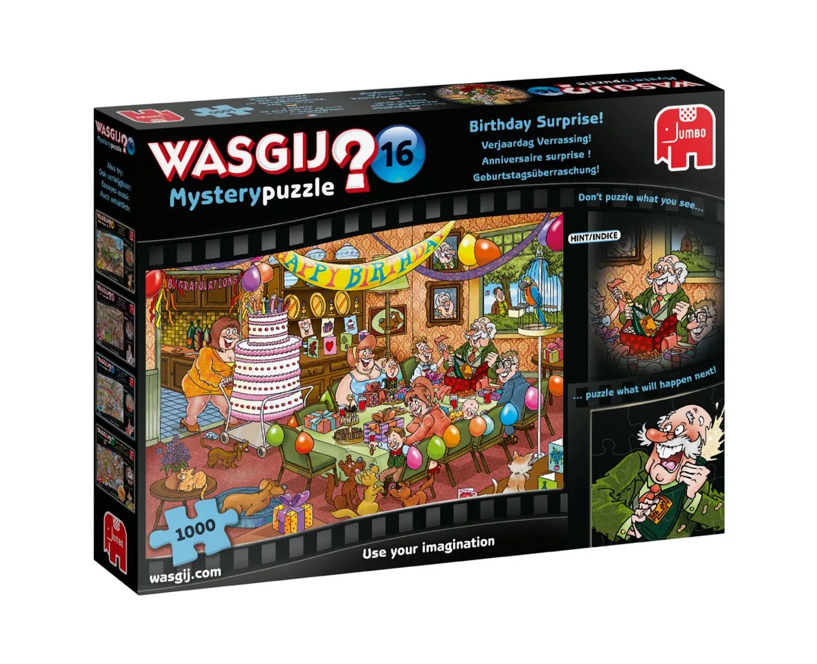 Puzzle Wasgij Mystery 16 Geburtstagsüberraschung 1000 Teile Puzzle, 1000 Puzzleteile, Made in Europe von Jumbo, Ausgabe Mehrfarbig – Schachtel