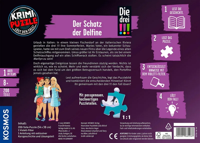 Puzzle Krimipuzzle Die drei !!! Der Schatz der Delfine, 200 Puzzleteile, Made in Germany de KOSMOS, édition Multicolore – boîte 2 sur 2