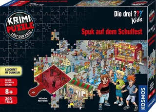 Puzzle Krimipuzzle Die drei ??? Kids 200 Teile / Spuk auf dem Schulfest, 200 Puzzleteile, leuchtet im Dunkeln, Made in Germany von KOSMOS, Ausgabe Mehrfarbig – Schachtel 1 von 5