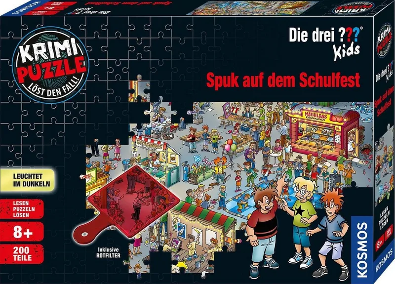 Puzzle Krimipuzzle Die drei ??? Kids 200 Teile / Spuk auf dem Schulfest, 200 Puzzleteile, leuchtet im Dunkeln, Made in Germany von KOSMOS, Ausgabe Mehrfarbig – Schachtel 1 von 5
