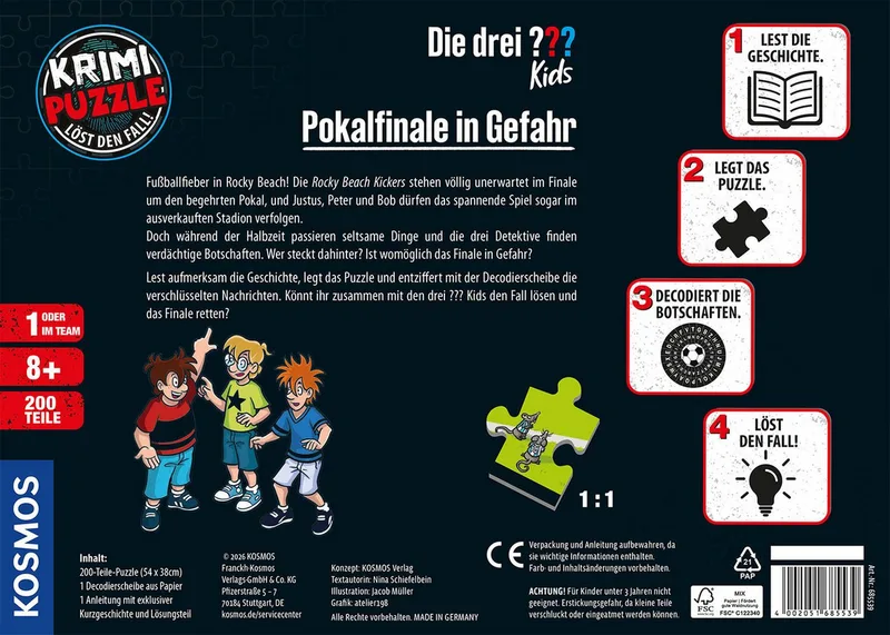 Puzzle Krimipuzzle Die drei ??? Kids Pokalfinale in Gefahr, 200 Puzzleteile, Made in Germany van KOSMOS, editie Meerkleurig – doos 2 van 3