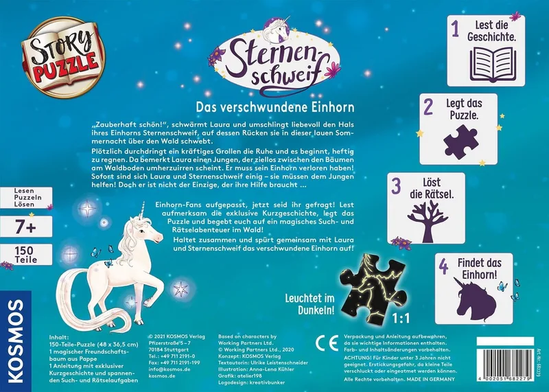 Puzzle StoryPuzzle, Sternenschweif, Das verschwundene Einhorn, 150 Puzzleteile, Made in Germany de KOSMOS, édition Multicolore – boîte 2 sur 2