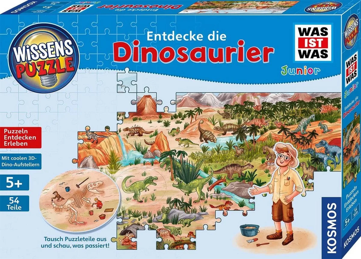 Puzzle Wissenspuzzle WAS IST WAS Junior Entdecke die Dinosaurier, Puzzleteile von KOSMOS – Schachtel