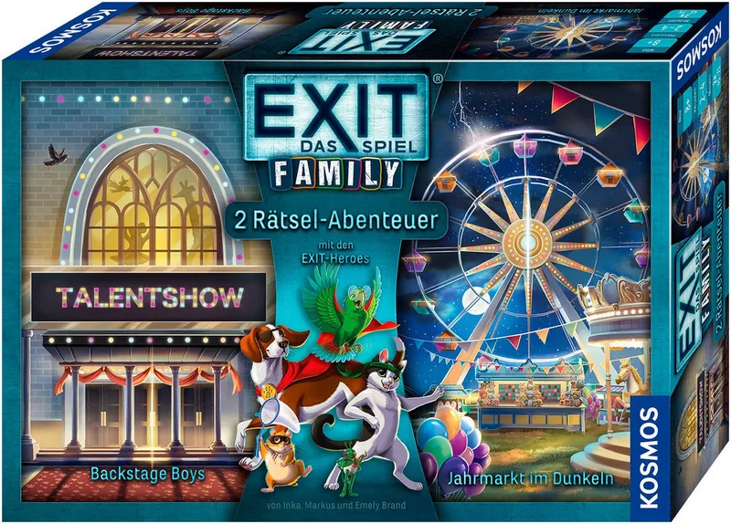 Spiel EXIT® Das Spiel Family Backstage Boys/Jahrmarkt im Dunkeln, Rätselspiel, Made in Germany van KOSMOS, editie Bunt – doos