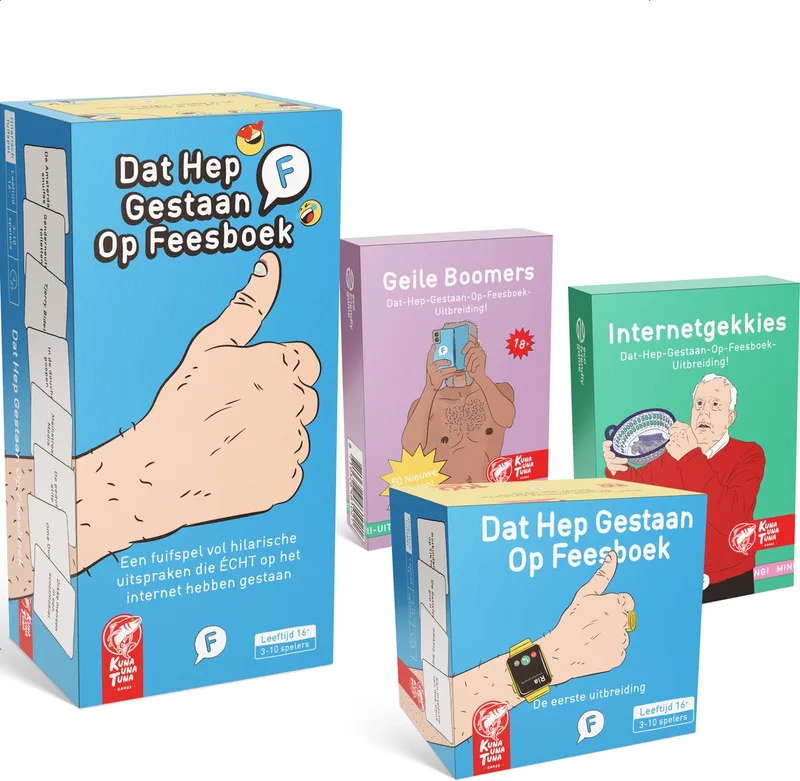 Dat Hep Gestaan Op Feesboek Basisspel met 3 uitbreidingen - Nederlandstalig partyspel fra Kuna Una Tuna Games – æske