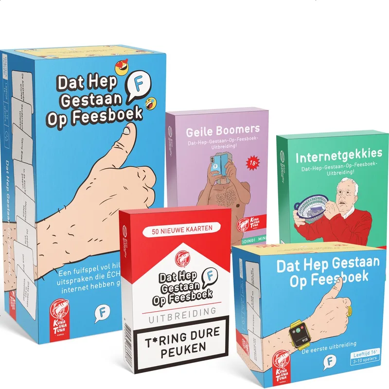 Dat Hep Gestaan Op Feesboek Basisspel met 4 uitbreidingen - Nederlandstalig partyspel fra Kuna Una Tuna Games – æske