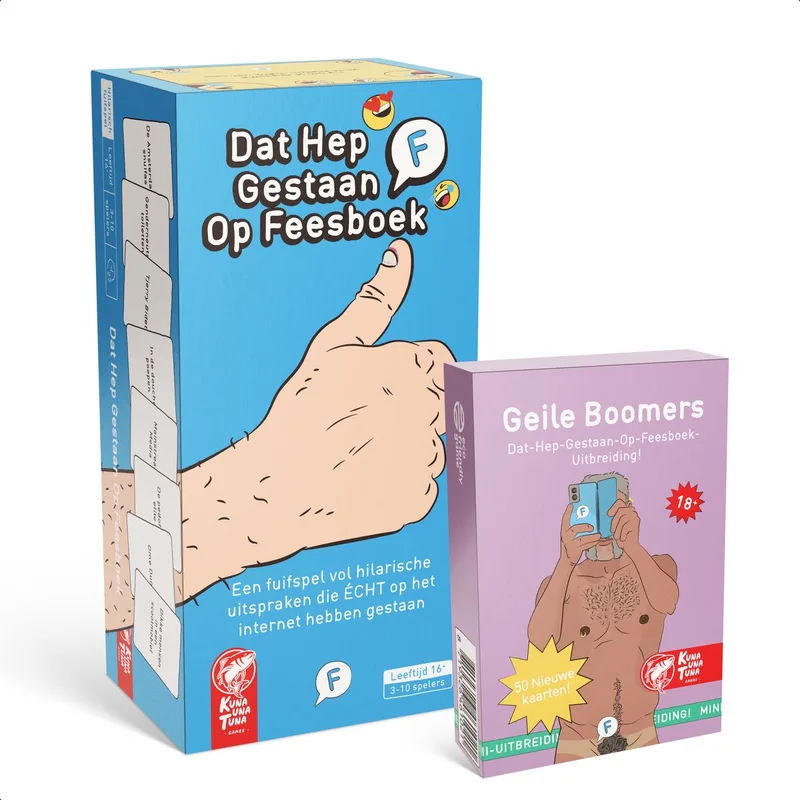 Dat Hep Gestaan Op Feesboek Basisspel met Geile Boomers - Nederlandstalig partyspel fra Kuna Una Tuna Games – æske