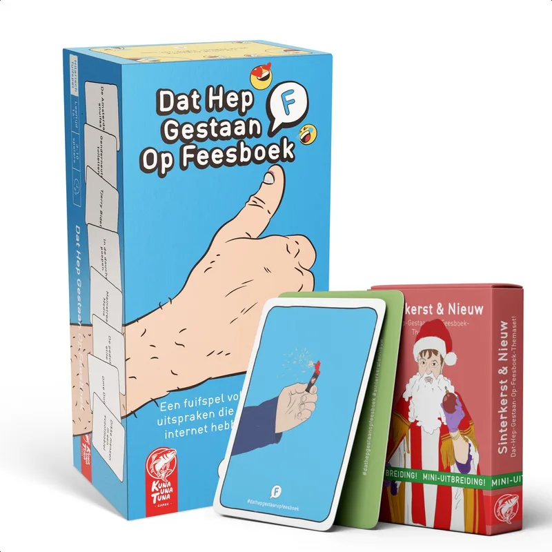 Dat Hep Gestaan Op Feesboek Basisspel met Sinterkerst & Nieuw - Nederlandstalig partyspel de Kuna Una Tuna Games – boîte