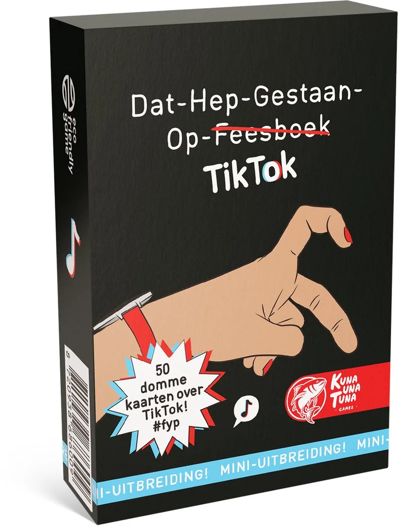 Dat Hep Gestaan Op TikTok uitbreiding voor Dat Hep Gestaan Op Feesboek - Nederlandstalig partyspel fra Kuna Una Tuna Games – æske