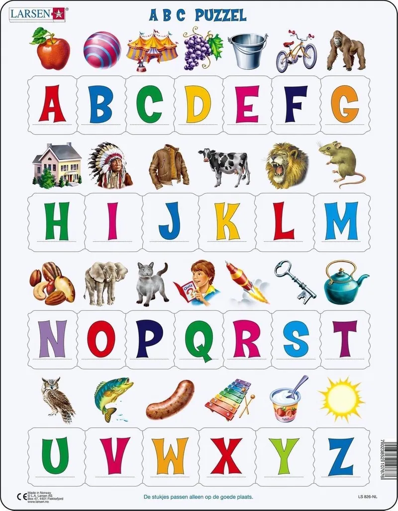 ABC met afbeeldingen – Puzzel – Leren lezen – Alfabet – Educatieve legpuzzel voor kinderen – 26 stukjes – Gemaakt in Noorwegen – Extra dikke 2,5 mm stukjes – Tray met vaste rand from Larsen, 26 Stukjes – ABC met afbeeldingen edition – box