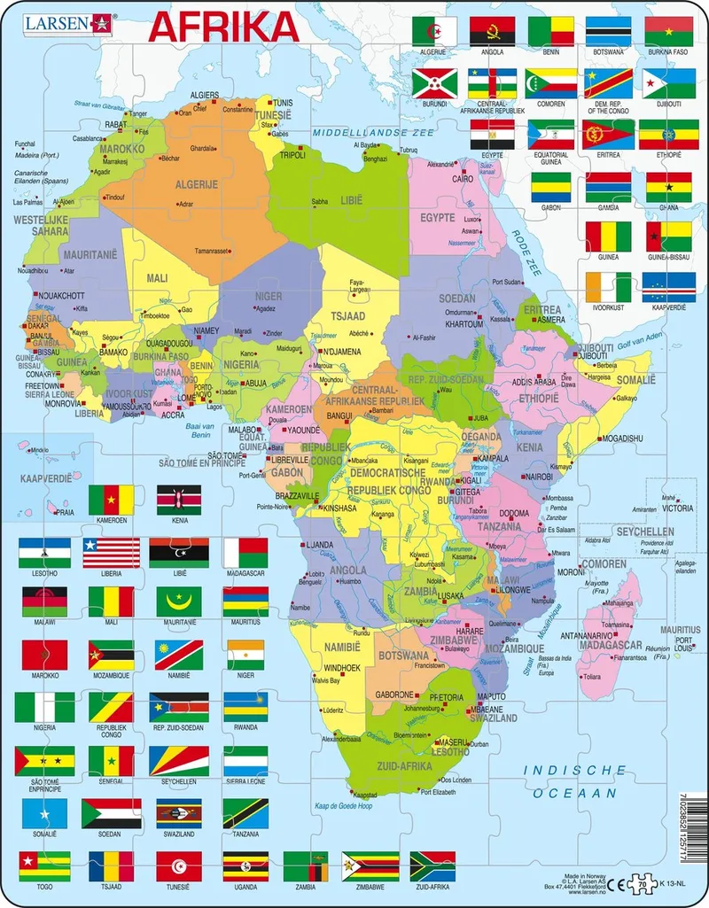 Afrika met vlaggen – Puzzel – Kaarten & Geografie – Vlaggen Afrika – Educatieve legpuzzel voor kinderen – 70 stukjes – Gemaakt in Noorwegen – Extra dikke 2,5 mm stukjes – Tray met vaste rand fra Larsen, 70 Stukjes – Afrika met vlaggen-udgave – æske
