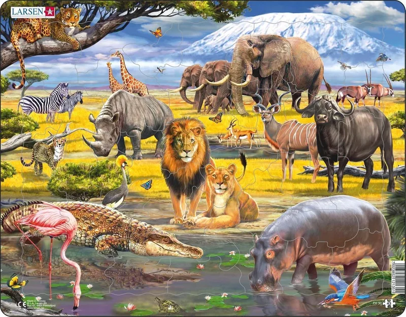 Afrikaanse savanne – Puzzel – Dieren – Afrika – Educatieve legpuzzel voor kinderen – 43 stukjes – Gemaakt in Noorwegen – Extra dikke 2,5 mm stukjes – Tray met vaste rand fra Larsen, 43 Stukjes – Afrikaanse savanne-udgave – æske