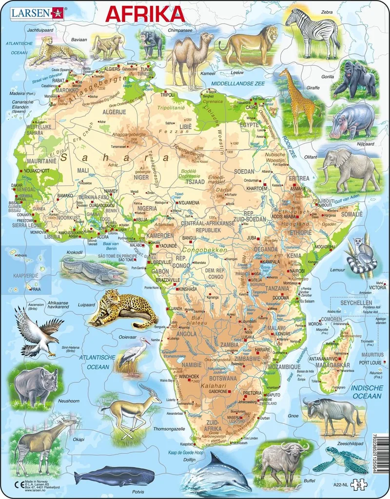 Afrique Carte Topographique – Puzzle – Afrique – Pays et Animaux – Puzzle éducatif pour enfants – 63 pièces – Fabriqué en Norvège – Pièces extra épaisses de 2,5 mm – Plateau avec bord fixe fra Larsen, 63 Pièces – Afrique Carte Topographique-udgave – æske