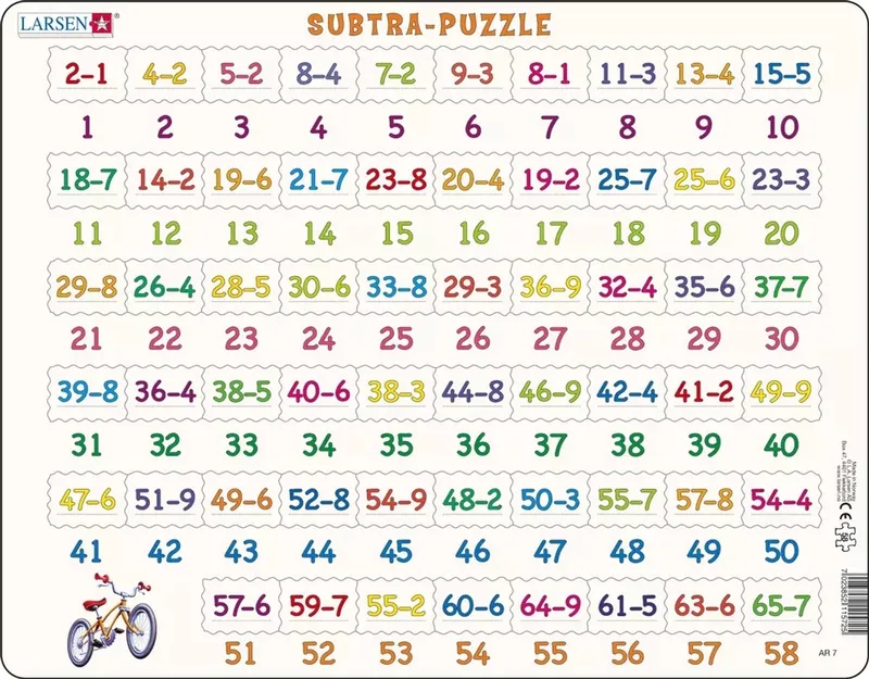 Aftrekken met afbeeldingen – Puzzel – Leren rekenen – Aftrekken – Educatieve legpuzzel voor kinderen – 58 stukjes – Gemaakt in Noorwegen – Extra dikke 2,5 mm stukjes – Tray met vaste rand von Larsen, Ausgabe 58 Stukjes – Aftrekken met afbeeldingen – Schachtel