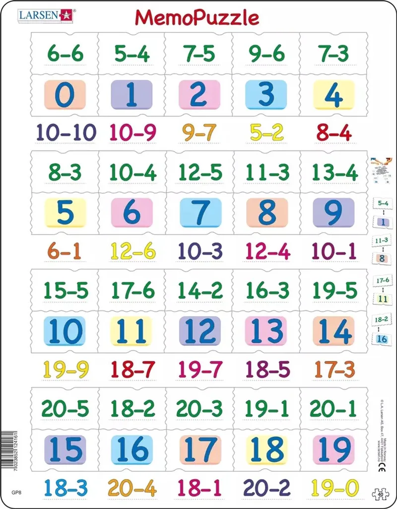 Aftrekken met getallen van 0–20 – Puzzel – Leren rekenen – Aftrekken – Educatieve legpuzzel voor kinderen – 40 stukjes – Gemaakt in Noorwegen – Extra dikke 2,5 mm stukjes – Tray met vaste rand van Larsen, editie 40 Stukjes – Aftrekken 0–20 – doos