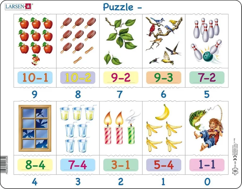 Aftrekken – Puzzel – Leren rekenen – Aftrekken – Educatieve legpuzzel voor kinderen – 20 stukjes – Gemaakt in Noorwegen – Extra dikke 2,5 mm stukjes – Tray met vaste rand fra Larsen, 20 Stukjes – Aftrekken-udgave – æske