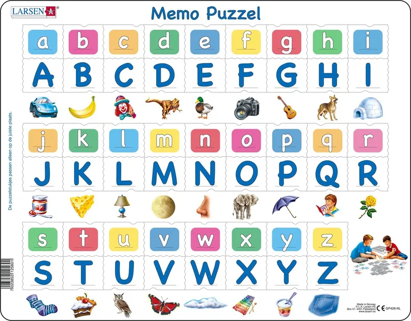 Alfabet met afbeeldingen – Puzzel – Leren lezen – Alfabet – Educatieve legpuzzel voor kinderen – 52 stukjes – Gemaakt in Noorwegen – Extra dikke 2,5 mm stukjes – Tray met vaste rand fra Larsen, 52 Stukjes – Alfabet met afbeeldingen-udgave – æske