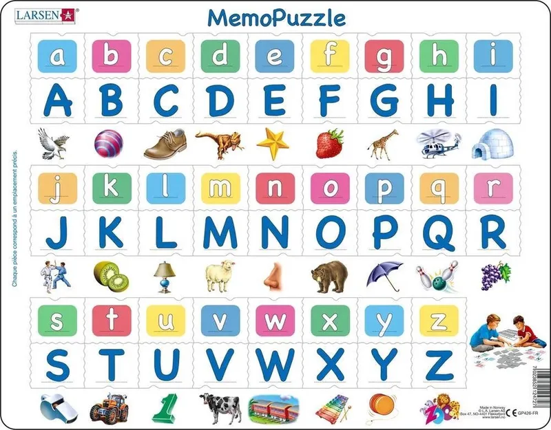 Alphabet Majuscules et Minuscules – Puzzle Mémo – Alphabet – Lettres Majuscules et Minuscules – Puzzle éducatif pour enfants – 52 pièces – Fabriqué en Norvège – Pièces extra épaisses de 2,5 mm – Plateau avec bord fixe van Larsen, editie 52 Pièces – Alphabet Majuscules et Minuscules – doos