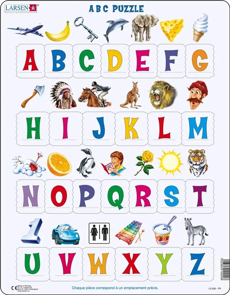 Alphabet Majuscules – Puzzle – Alphabet – Lettres Majuscules – Puzzle éducatif pour enfants – 26 pièces – Fabriqué en Norvège – Pièces extra épaisses de 2,5 mm – Plateau avec bord fixe van Larsen, editie 26 Pièces – Alphabet Majuscules – doos