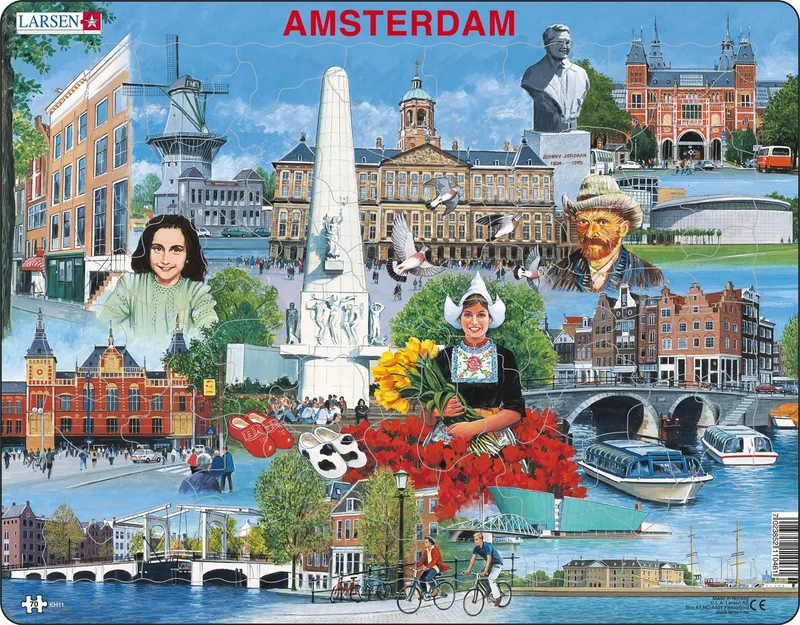Amsterdam toeristische hoogtepunten – Puzzel – Kaarten & Geografie – Nederland – Educatieve legpuzzel voor kinderen – 66 stukjes – Gemaakt in Noorwegen – Extra dikke 2,5 mm stukjes – Tray met vaste rand fra Larsen, 66 Stukjes – Amsterdam toeristische hoogtepunten-udgave – æske
