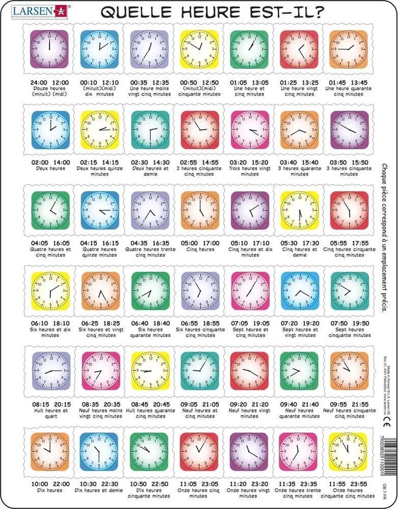 Apprendre l’Heure – Puzzle – Horloge – Lecture de l’Heure – Puzzle éducatif pour enfants – 42 pièces – Fabriqué en Norvège – Pièces extra épaisses de 2,5 mm – Plateau avec bord fixe from Larsen, 42 Pièces – Apprendre l'heure edition – box