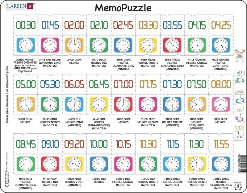 Apprendre l’Heure – Puzzle Mémo – Horloge – Lecture de l’Heure – Puzzle éducatif pour enfants – 54 pièces – Fabriqué en Norvège – Pièces extra épaisses de 2,5 mm – Plateau avec bord fixe från Larsen, utgåva 54 Pièces – Apprendre l’Heure – kartong