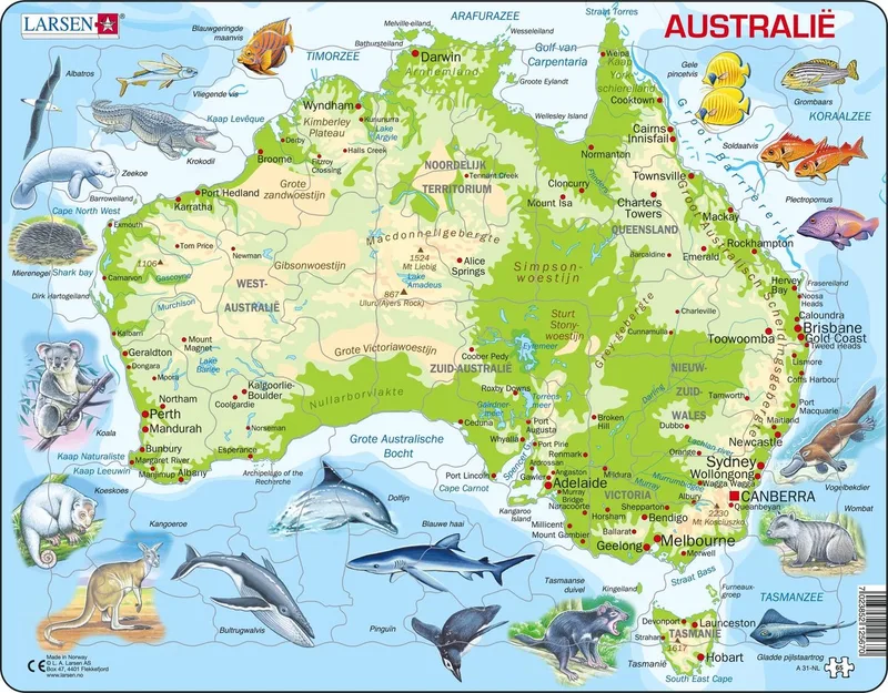 Australië geografisch met dieren – Puzzel – Kaarten & Geografie – Australië – Educatieve legpuzzel voor kinderen – 65 stukjes – Gemaakt in Noorwegen – Extra dikke 2,5 mm stukjes – Tray met vaste rand fra Larsen, 65 Stukjes – Australië met dieren-udgave – æske