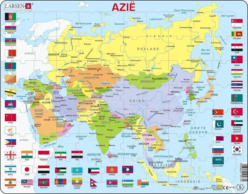 Azië met vlaggen – Puzzel – Kaarten & Geografie – Vlaggen – Educatieve legpuzzel voor kinderen – 70 stukjes – Gemaakt in Noorwegen – Extra dikke 2,5 mm stukjes – Tray met vaste rand from Larsen, 70 Stukjes – Azië met vlaggen edition – box