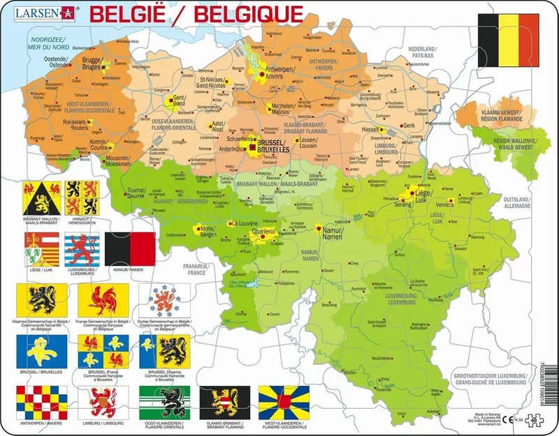 België – Puzzel – Kaarten & Geografie – België – Educatieve legpuzzel voor kinderen – 48 stukjes – Gemaakt in Noorwegen – Extra dikke 2,5 mm stukjes – Tray met vaste rand fra Larsen, 48 Stukjes – België-udgave – æske
