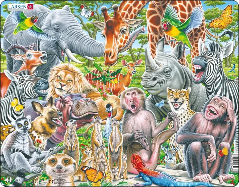 Blije Afrikaanse dieren – Puzzel – Dieren – Afrika – Educatieve legpuzzel voor kinderen – 43 stukjes – Gemaakt in Noorwegen – Extra dikke 2,5 mm stukjes – Tray met vaste rand from Larsen, 43 Stukjes – Blije Afrikaanse dieren edition – box