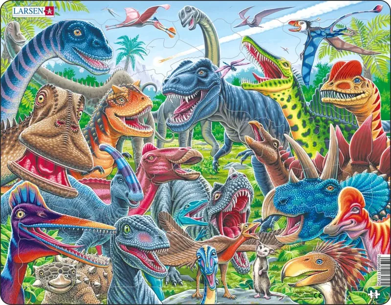 Blije Dinosauriërs – Puzzel – Dieren – Prehistorie – Educatieve legpuzzel voor kinderen – 43 stukjes – Gemaakt in Noorwegen – Extra dikke 2,5 mm stukjes – Tray met vaste rand från Larsen, utgåva 43 Stukjes – Blije dinosauriërs – kartong