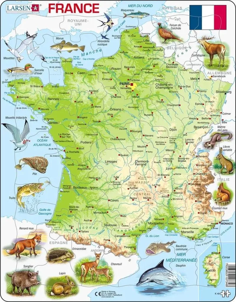 Carte Physique de la France – Puzzle – France – Géographie Physique – Puzzle éducatif pour enfants – 60 pièces – Fabriqué en Norvège – Pièces extra épaisses de 2,5 mm – Plateau avec bord fixe from Larsen, 60 Pièces – Carte Physique de la France edition – box
