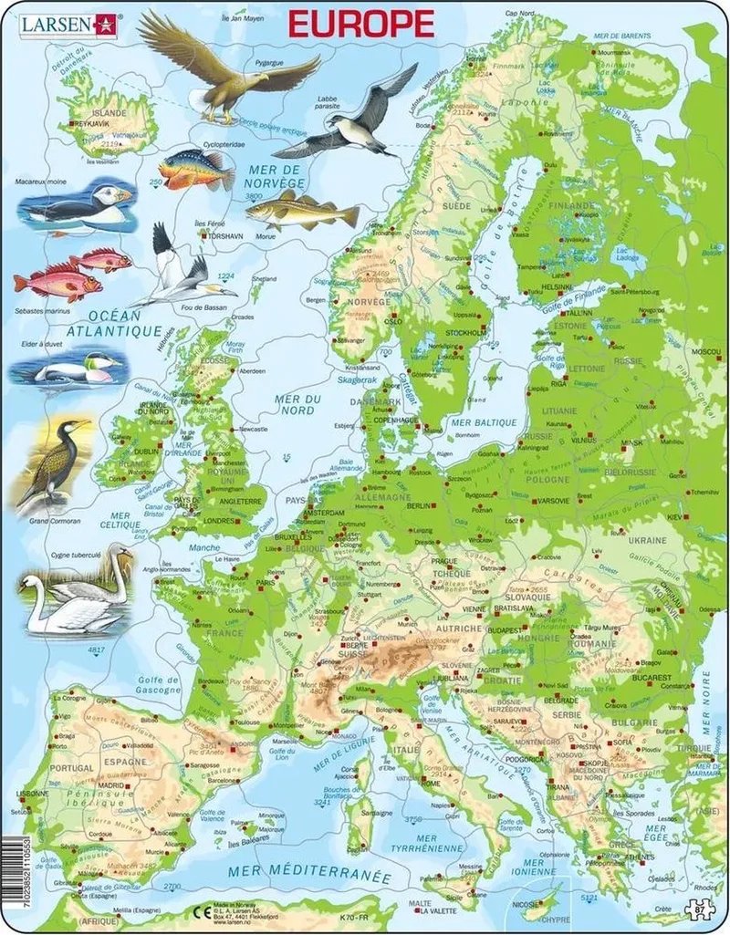 Carte Topographique de l’Europe – Puzzle – Europe – Géographie Physique – Puzzle éducatif pour enfants – 87 pièces – Fabriqué en Norvège – Pièces extra épaisses de 2,5 mm – Plateau avec bord fixe från Larsen, utgåva 87 Pièces – Carte Topographique de l’Europe – kartong