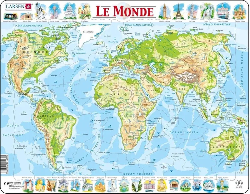Carte Topographique du Monde – Puzzle – Monde – Géographie Physique – Puzzle éducatif pour enfants – 80 pièces – Fabriqué en Norvège – Pièces extra épaisses de 2,5 mm – Plateau avec bord fixe från Larsen, utgåva 80 Pièces – Carte Topographique du Monde – kartong
