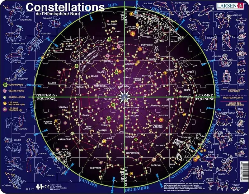 Constellations – Puzzle – Espace – Étoiles et Constellations – Puzzle éducatif pour enfants – 70 pièces – Fabriqué en Norvège – Pièces extra épaisses de 2,5 mm – Plateau avec bord fixe van Larsen, editie 70 Pièces – Constellations – doos