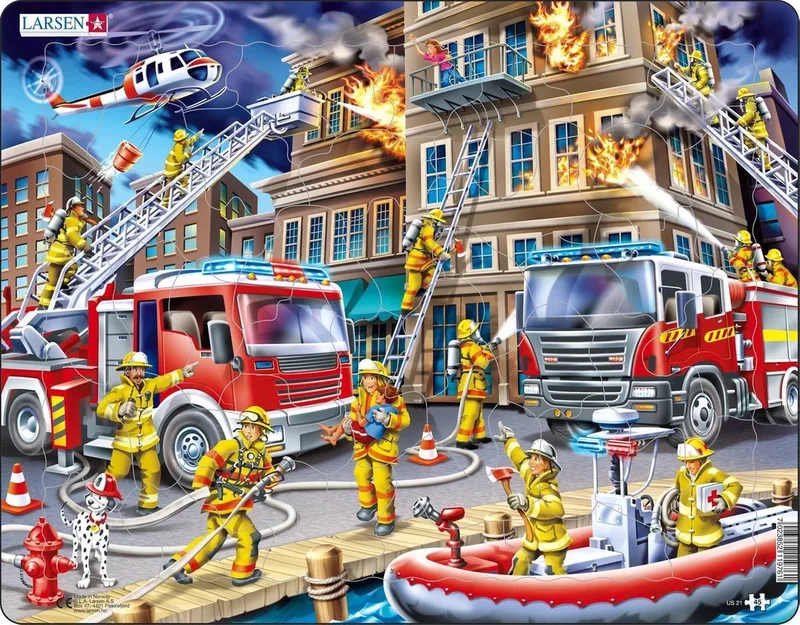 De brandweermannen – Puzzel – Voertuigen & Techniek – Brandweer – Educatieve legpuzzel voor kinderen – 45 stukjes – Gemaakt in Noorwegen – Extra dikke 2,5 mm stukjes – Tray met vaste rand från Larsen, utgåva 45 Stukjes – De brandweermannen – kartong