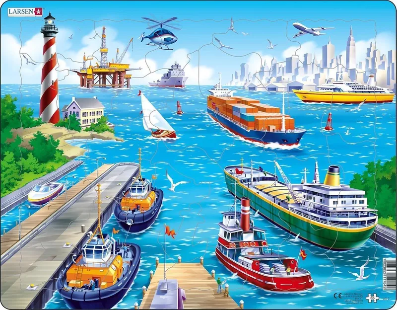 De haven – Puzzel – Voertuigen & Techniek – Haven en scheepvaart – Educatieve legpuzzel voor kinderen – 35 stukjes – Gemaakt in Noorwegen – Extra dikke 2,5 mm stukjes – Tray met vaste rand van Larsen, editie 35 Stukjes – De haven – doos