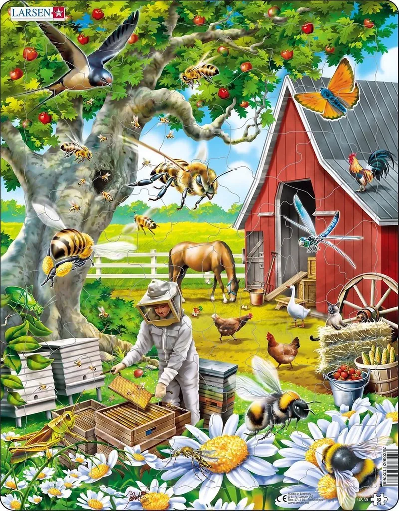 De imker bij de bijen – Puzzel – Dieren – Bijen en imker – Educatieve legpuzzel voor kinderen – 53 stukjes – Gemaakt in Noorwegen – Extra dikke 2,5 mm stukjes – Tray met vaste rand van Larsen, editie 53 Stukjes – De imker bij de bijen – doos
