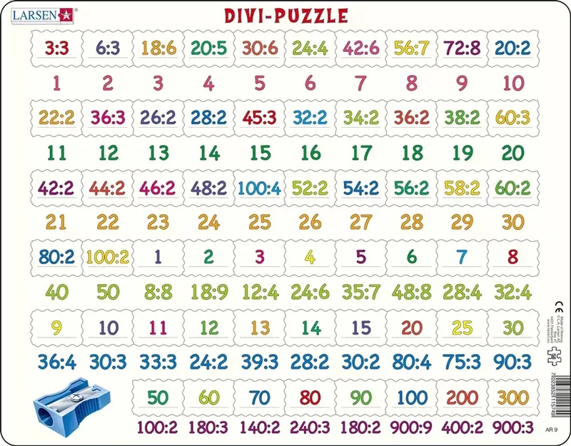 Delen – Puzzel – Leren rekenen – Delen – Educatieve legpuzzel voor kinderen – 58 stukjes – Gemaakt in Noorwegen – Extra dikke 2,5 mm stukjes – Tray met vaste rand from Larsen, 58 Stukjes – Delen edition – box
