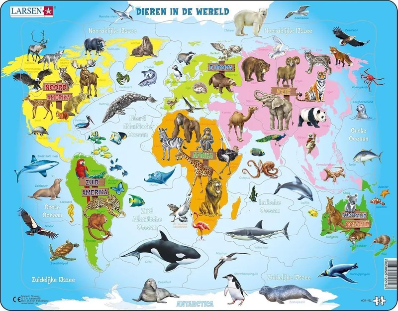 Dieren in de wereld – Puzzel – Kaarten & Geografie – Wereld met dieren – Educatieve legpuzzel voor kinderen – 28 stukjes – Gemaakt in Noorwegen – Extra dikke 2,5 mm stukjes – Tray met vaste rand van Larsen, editie 28 Stukjes – Dieren in de wereld – doos