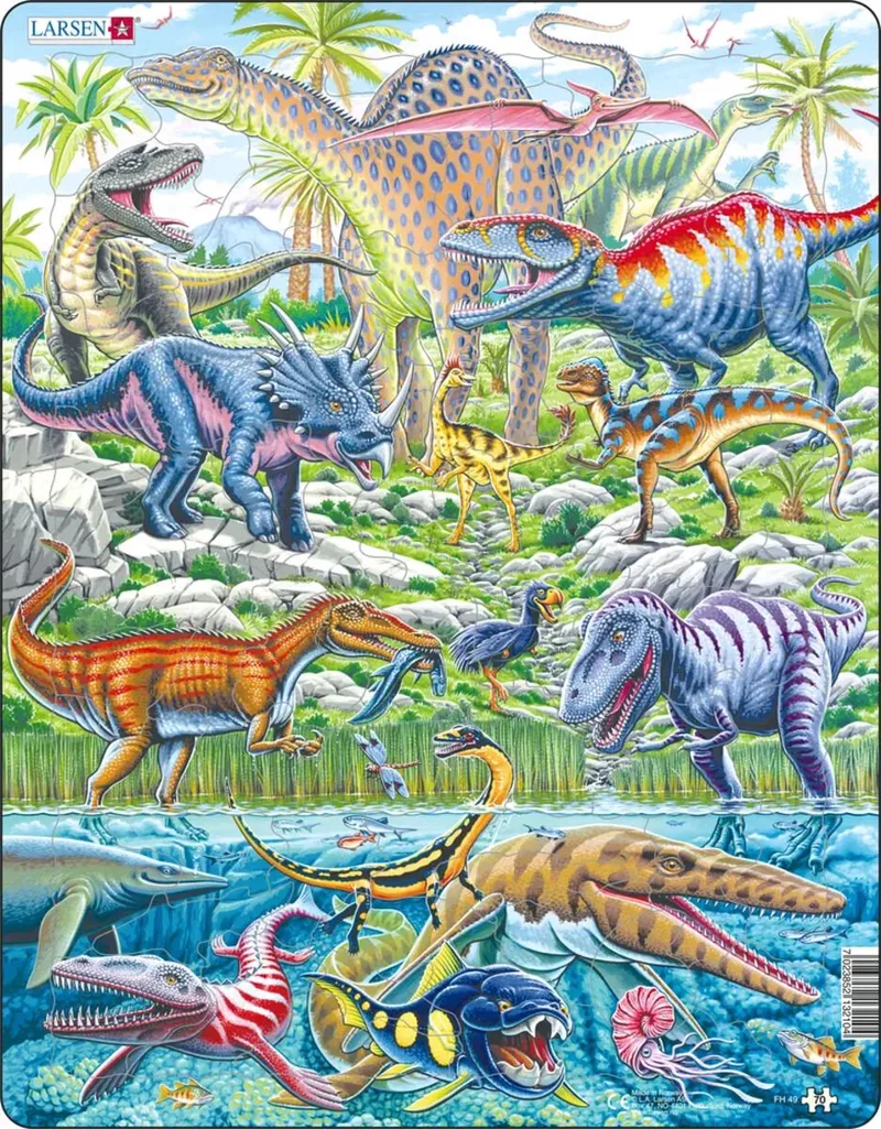 Dinosauriërs die vliegen, rennen en duiken – Puzzel – Dieren – Prehistorie – Educatieve legpuzzel voor kinderen – 70 stukjes – Gemaakt in Noorwegen – Extra dikke 2,5 mm stukjes – Tray met vaste rand van Larsen, editie 70 Stukjes – Dinosauriërs die vliegen, Rennen en duiken – doos