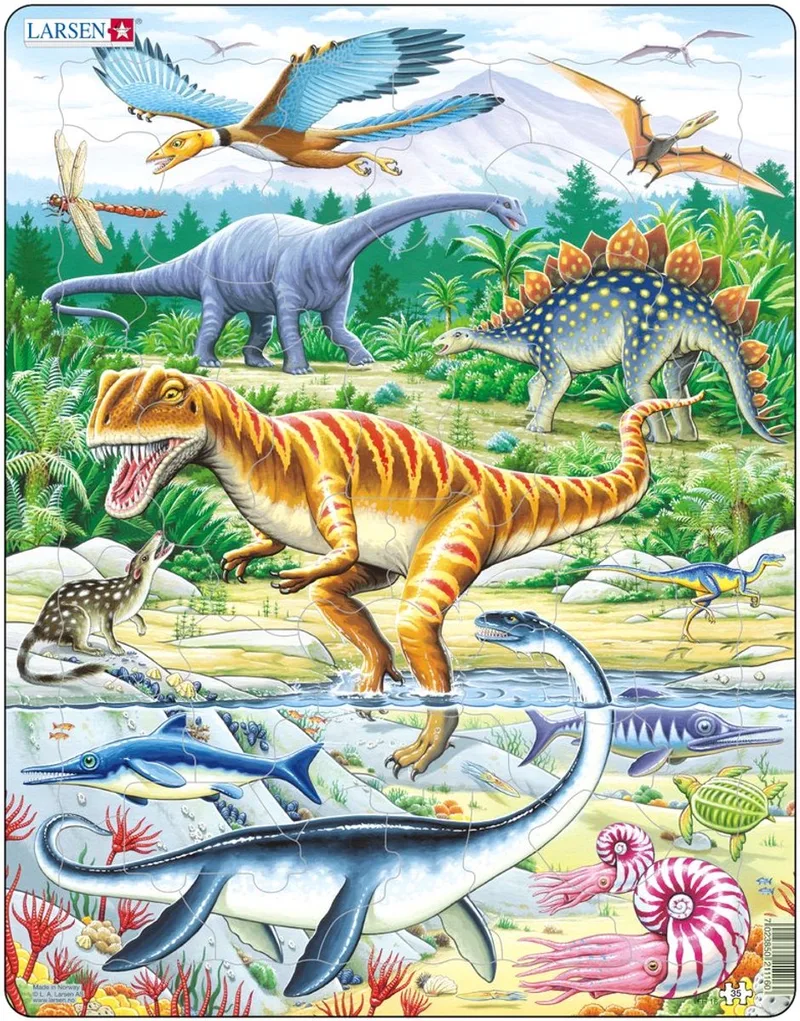 Dinosauriërs uit het Jura-tijdperk – Puzzel – Dieren – Prehistorie – Educatieve legpuzzel voor kinderen – 35 stukjes – Gemaakt in Noorwegen – Extra dikke 2,5 mm stukjes – Tray met vaste rand van Larsen, editie 35 Stukjes – Dinosauriërs uit het Jura-tijdperk – doos