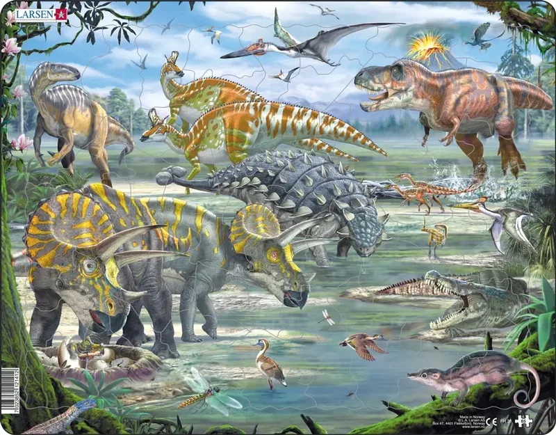 Dinosauriërs uit het Krijt tijdperk – Puzzel – Dieren – Prehistorie – Educatieve legpuzzel voor kinderen – 65 stukjes – Gemaakt in Noorwegen – Extra dikke 2,5 mm stukjes – Tray met vaste rand from Larsen, 65 Stukjes – Dinosauriërs uit het Krijt tijdperk edition – box