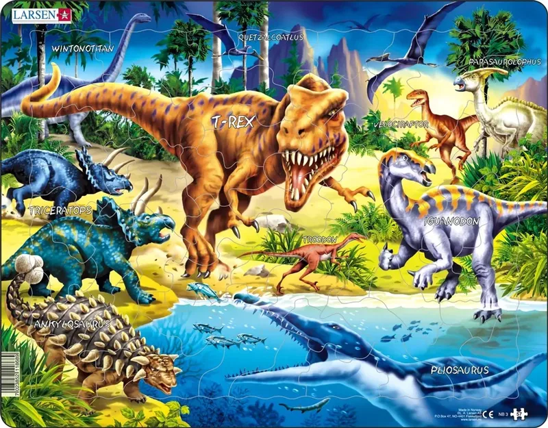 Dinosauriërs uit het Krijt tijdperk – Puzzel – Dieren – Prehistorie – Educatieve legpuzzel voor kinderen – 57 stukjes – Gemaakt in Noorwegen – Extra dikke 2,5 mm stukjes – Tray met vaste rand from Larsen, 57 Stukjes – Dinosauriërs uit het Krijt tijdperk edition – box
