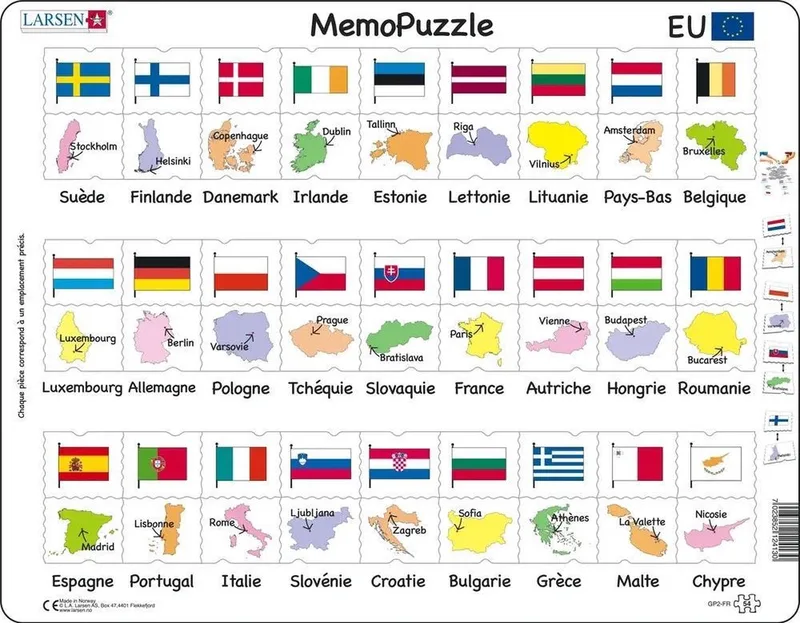Drapeaux et Capitales de l’Union Européenne – Puzzle Mémo – Union Européenne – Drapeaux et Capitales – Puzzle éducatif pour enfants – 54 pièces – Fabriqué en Norvège – Pièces extra épaisses de 2,5 mm – Plateau avec bord fixe van Larsen, editie 54 Pièces – Drapeaux et Capitales de l’Union Européenne – doos