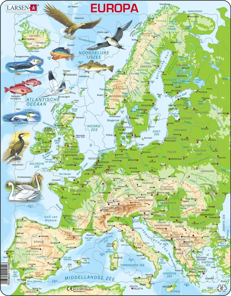 Europa geografisch met dieren – Puzzel – Kaarten & Geografie – Europa – Educatieve legpuzzel voor kinderen – 87 stukjes – Gemaakt in Noorwegen – Extra dikke 2,5 mm stukjes – Tray met vaste rand fra Larsen, 87 Stukjes – Europa met dieren-udgave – æske