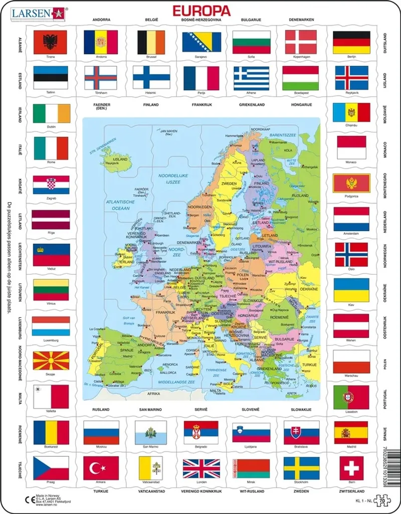 Europa met vlaggen – Puzzel – Kaarten & Geografie – Europa – Educatieve legpuzzel voor kinderen – 70 stukjes – Gemaakt in Noorwegen – Extra dikke 2,5 mm stukjes – Tray met vaste rand von Larsen, Ausgabe 70 Stukjes – Europa met vlaggen – Schachtel