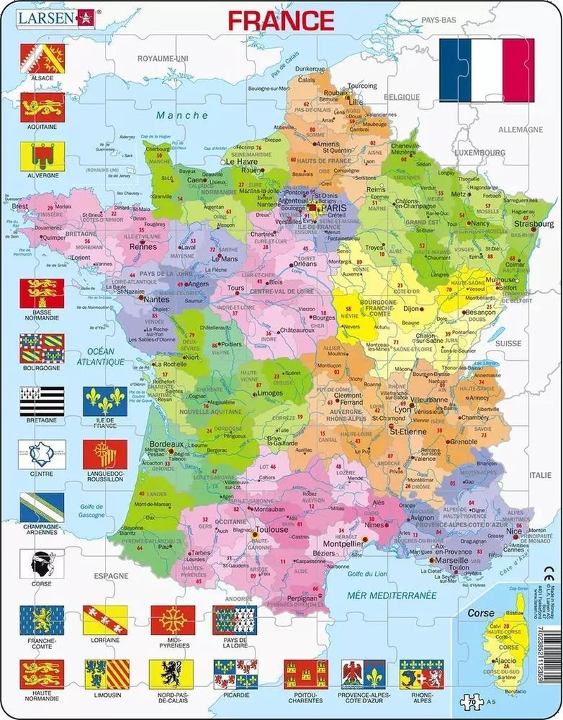 France Carte Politique – Puzzle – France – Régions et Départements – Puzzle éducatif pour enfants – 70 pièces – Fabriqué en Norvège – Pièces extra épaisses de 2,5 mm – Plateau avec bord fixe de Larsen, édition 70 Pièces – France Carte Politique – boîte