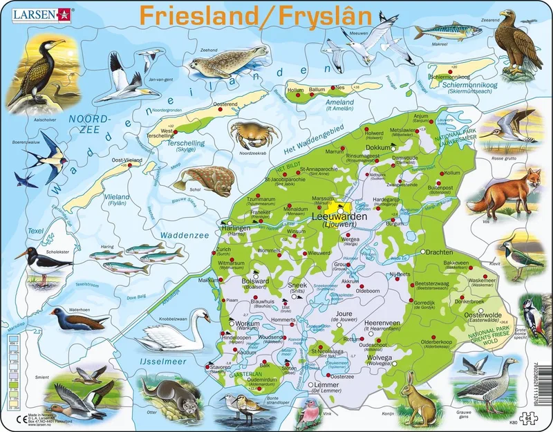 Friesland geografisch met dieren – Puzzel – Kaarten & Geografie – Nederland – Educatieve legpuzzel voor kinderen – 64 stukjes – Gemaakt in Noorwegen – Extra dikke 2,5 mm stukjes – Tray met vaste rand from Larsen, 64 Stukjes – Friesland met dieren edition – box